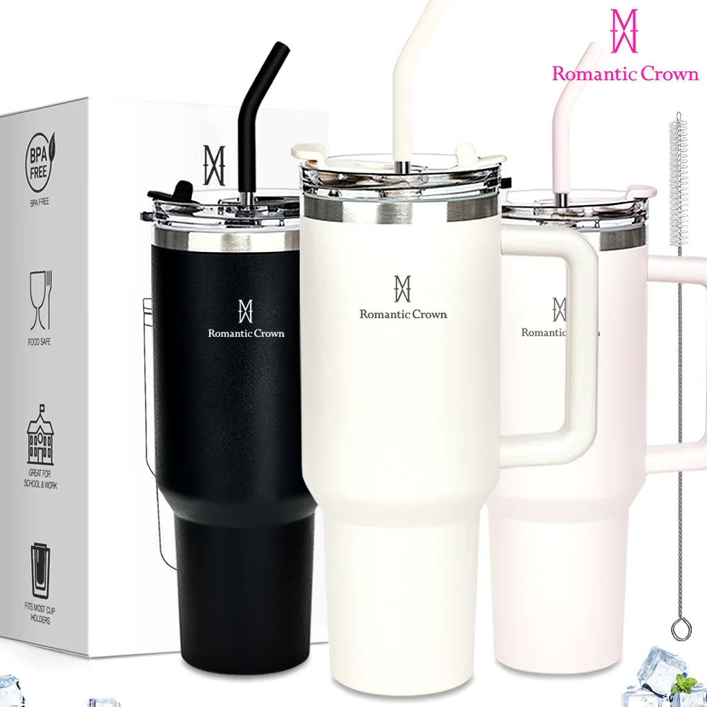Copo termico romantico portátil crown em aço inox com tampa e canudo.