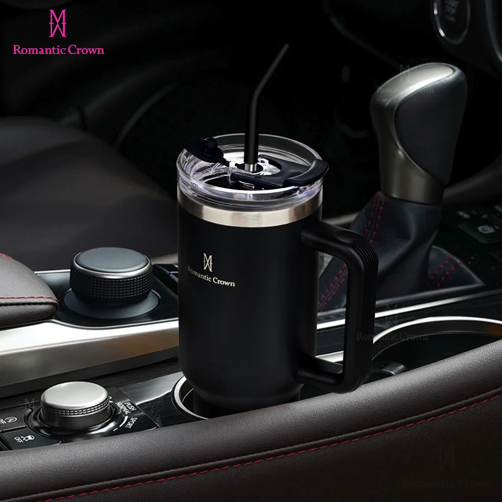 Copo termico romantico portátil crown em aço inox com tampa e canudo.
