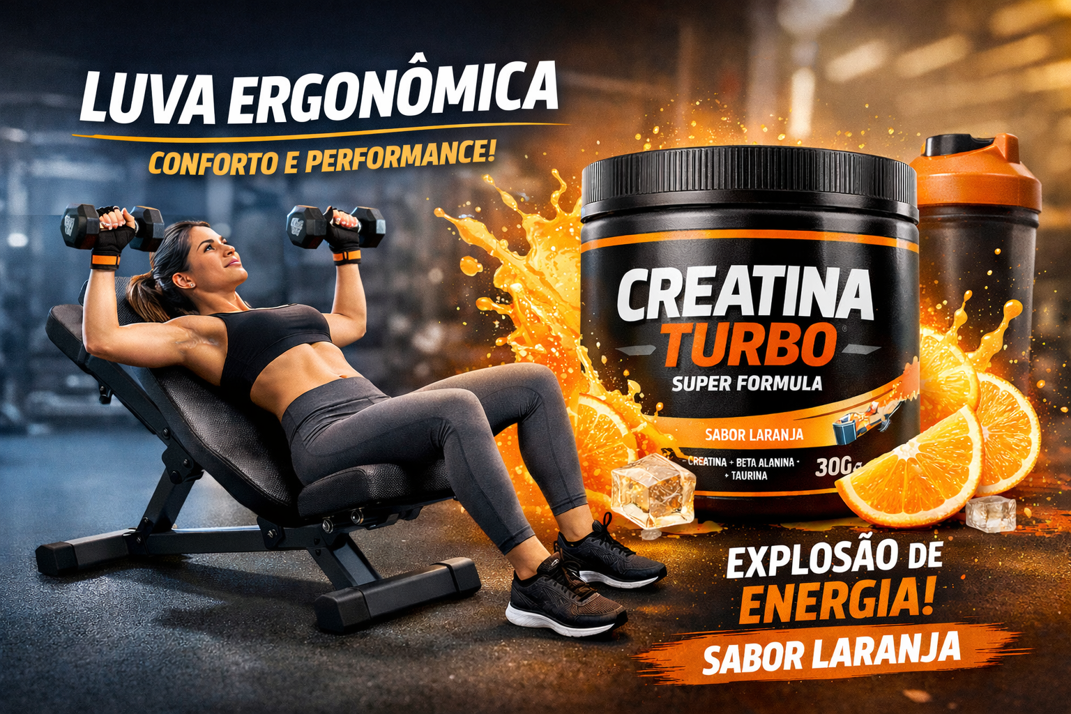 combo luva ergonômica + creatina turbo sabor laranja