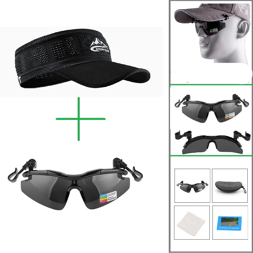 Bone esportivo ar livre sem topo, unissex com óculos de sol.