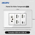 Tomada Inteligente Wi-Fi DELEFU com USB Duplo e USB-C – Vidro Temperado 10A e 20A