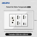 Tomada Inteligente Wi-Fi DELEFU com USB Duplo e USB-C – Vidro Temperado 10A e 20A