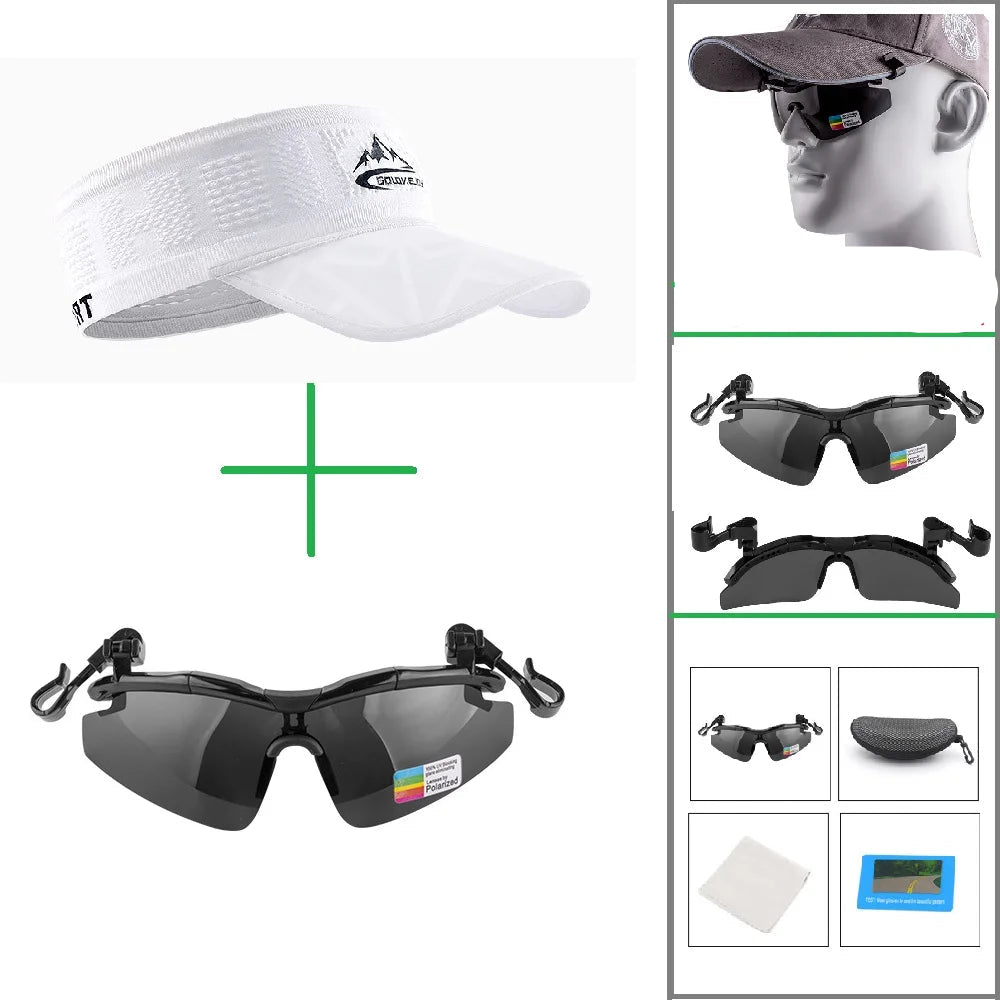 Bone esportivo ar livre sem topo, unissex com óculos de sol.