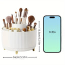 Organizador de Maquiagem Giratório 360° Premium com 5 compartimentos, ideal para armazenar pincéis, batons, perfumes, bases e produtos de skincare com praticidade e elegância.