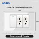 Tomada Inteligente Wi-Fi DELEFU com USB Duplo e USB-C – Vidro Temperado 10A e 20A