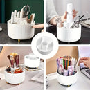 Organizador de Maquiagem Giratório 360° Premium com 5 compartimentos, ideal para armazenar pincéis, batons, perfumes, bases e produtos de skincare com praticidade e elegância.