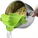 Escorredor de panela com clipe ajustável premium, ideal para escorrer massas, legumes e alimentos com praticidade, segurança e economia de espaço na cozinha.
