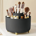 Organizador de Maquiagem Giratório 360° Premium com 5 compartimentos, ideal para armazenar pincéis, batons, perfumes, bases e produtos de skincare com praticidade e elegância.
