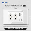 Tomada Inteligente Wi-Fi DELEFU com USB Duplo e USB-C – Vidro Temperado 10A e 20A