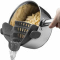 Escorredor de panela com clipe ajustável premium, ideal para escorrer massas, legumes e alimentos com praticidade, segurança e economia de espaço na cozinha.