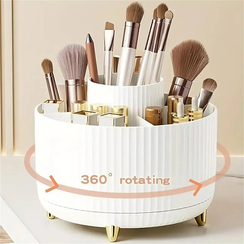 Organizador de Maquiagem Giratório 360° Premium com 5 compartimentos, ideal para armazenar pincéis, batons, perfumes, bases e produtos de skincare com praticidade e elegância.